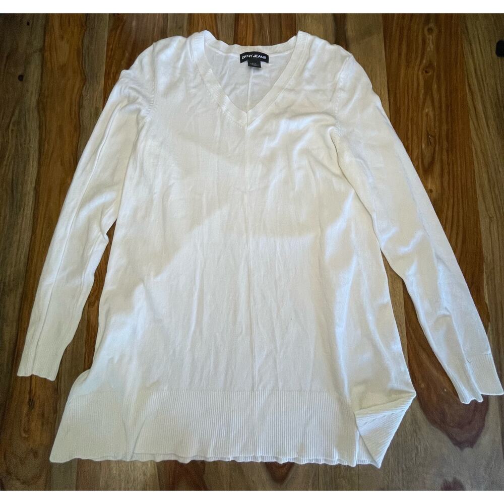 DKNY Womens White Long Sleeve V neck Thin Sweater Dress